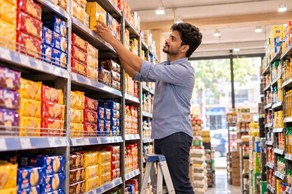Young Indian store staff member restocking packaged goods on a supermarket shelf while standing on a small step ladder.