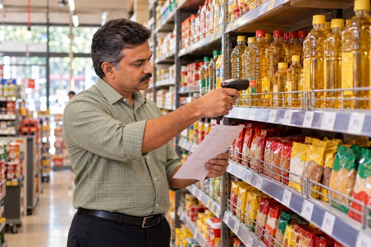 An Indian supermarket owner checks packaged grocery products using a barcode scanner and checklist while inspecting neatly stocked shelves.