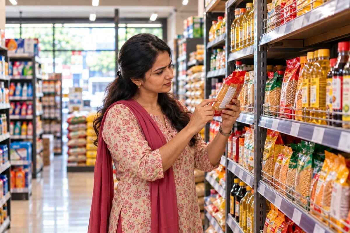Indian woman inspecting a packaged spice packet label while checking product details on a supermarket shelf.