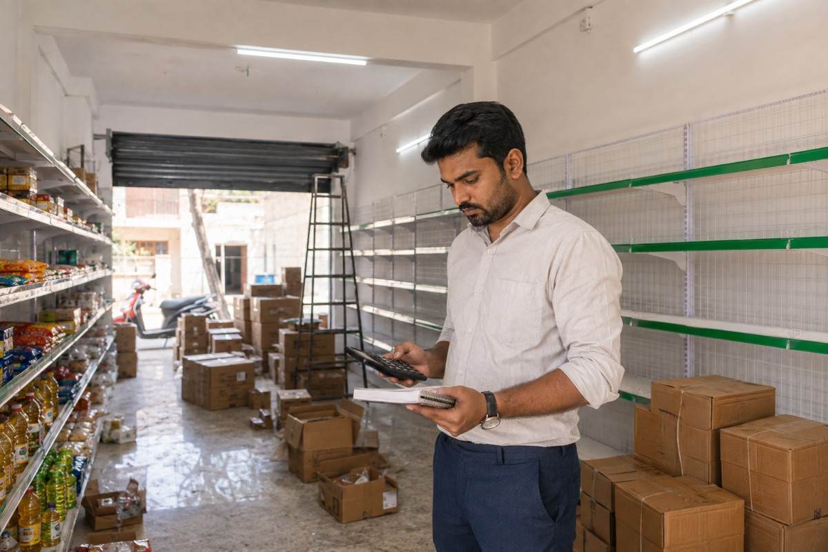 A retail store employee checks inventory using a tablet while reviewing stock and boxes in a supermarket storage area.