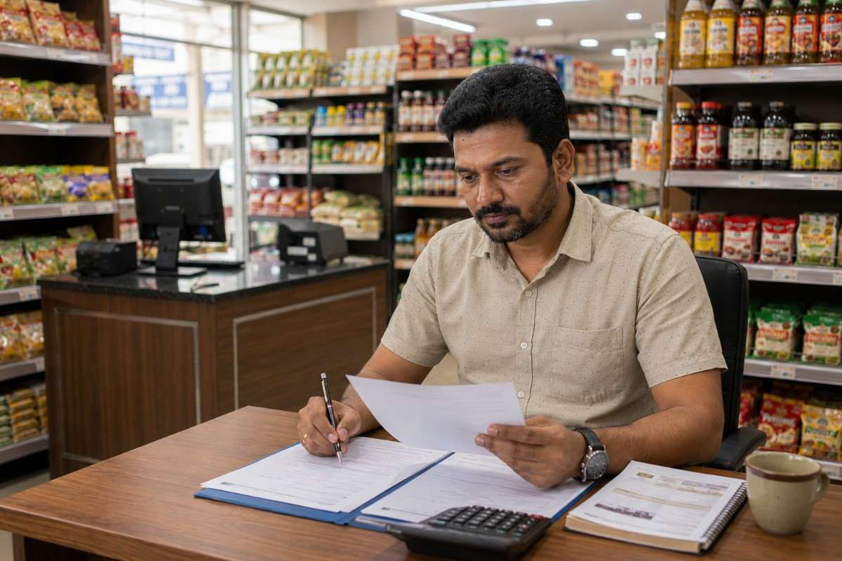 Indian supermarket owner reviewing franchise investment documents and calculating costs at a store counter.