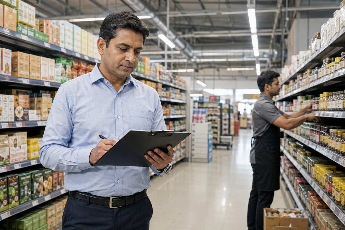 Store manager checking inventory on a clipboard while an employee stocks products on supermarket shelves.
