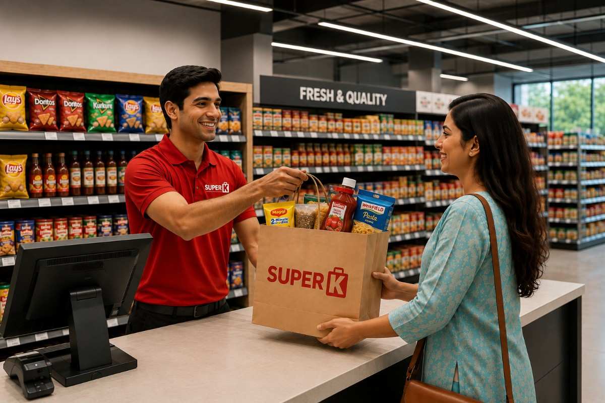 Supermarket employee handing a grocery shopping bag to a smiling customer at a modern grocery store checkout.