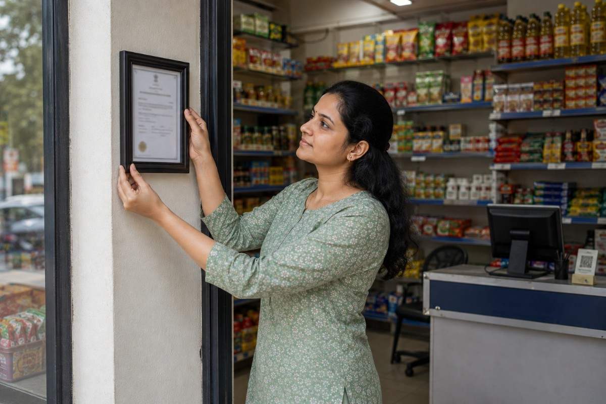Woman placing a certificate or notice on the wall at the entrance of a grocery store.