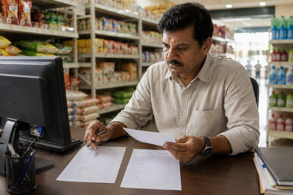 Store owner reviewing bills and pricing documents while managing store operations.