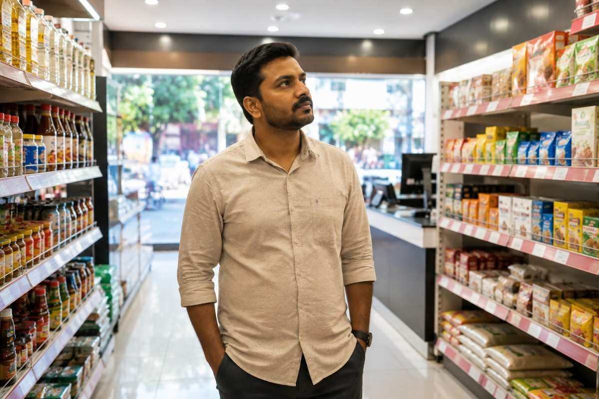 A man exploring grocery products and shelves inside a modern supermarket store in India.