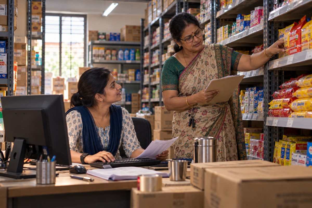 Indian supermarket staff checking shelf inventory and recording stock details in a small-town grocery store.