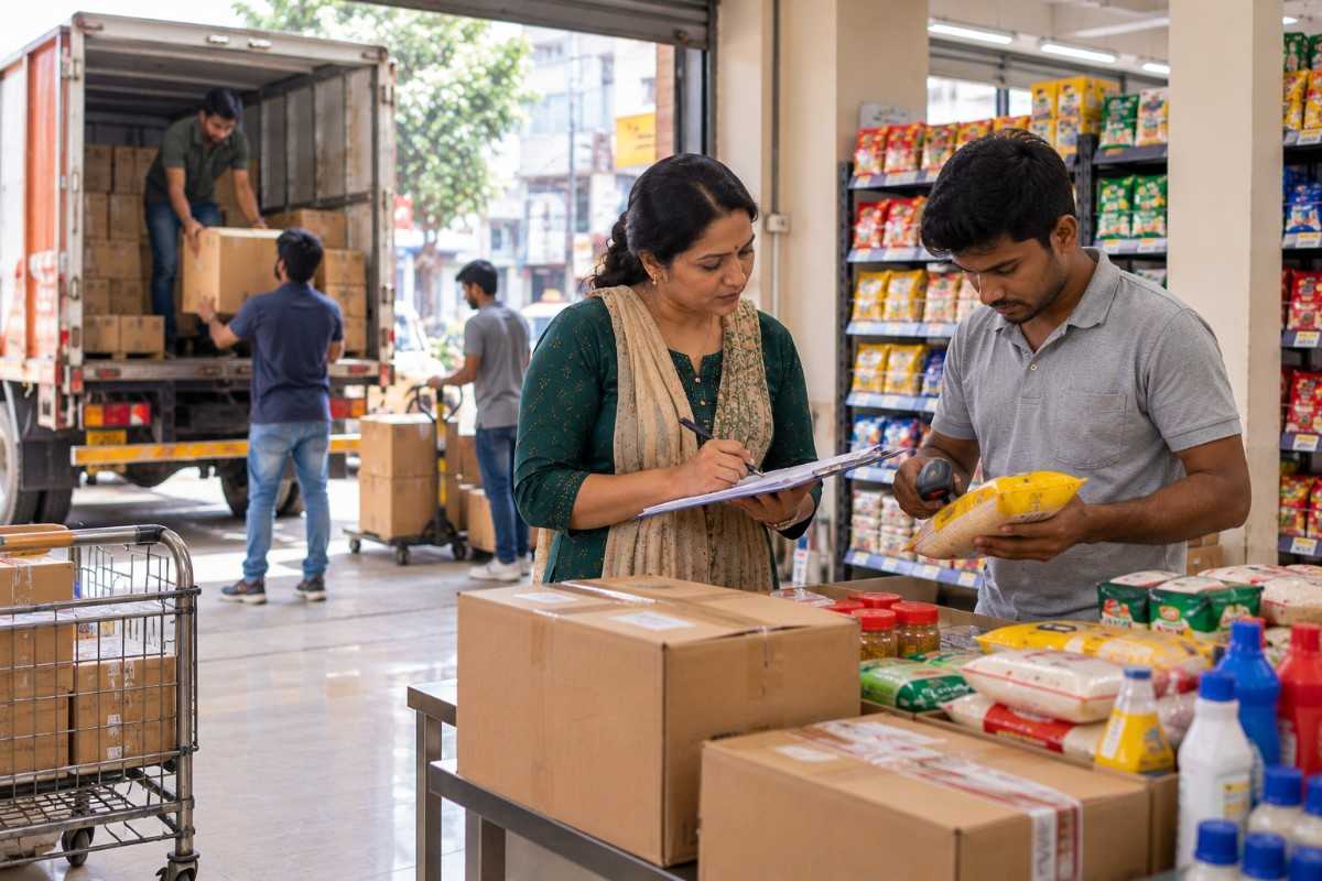 Supermarket staff checking and scanning grocery stock during a delivery, while another worker records the received items on a clipboard.