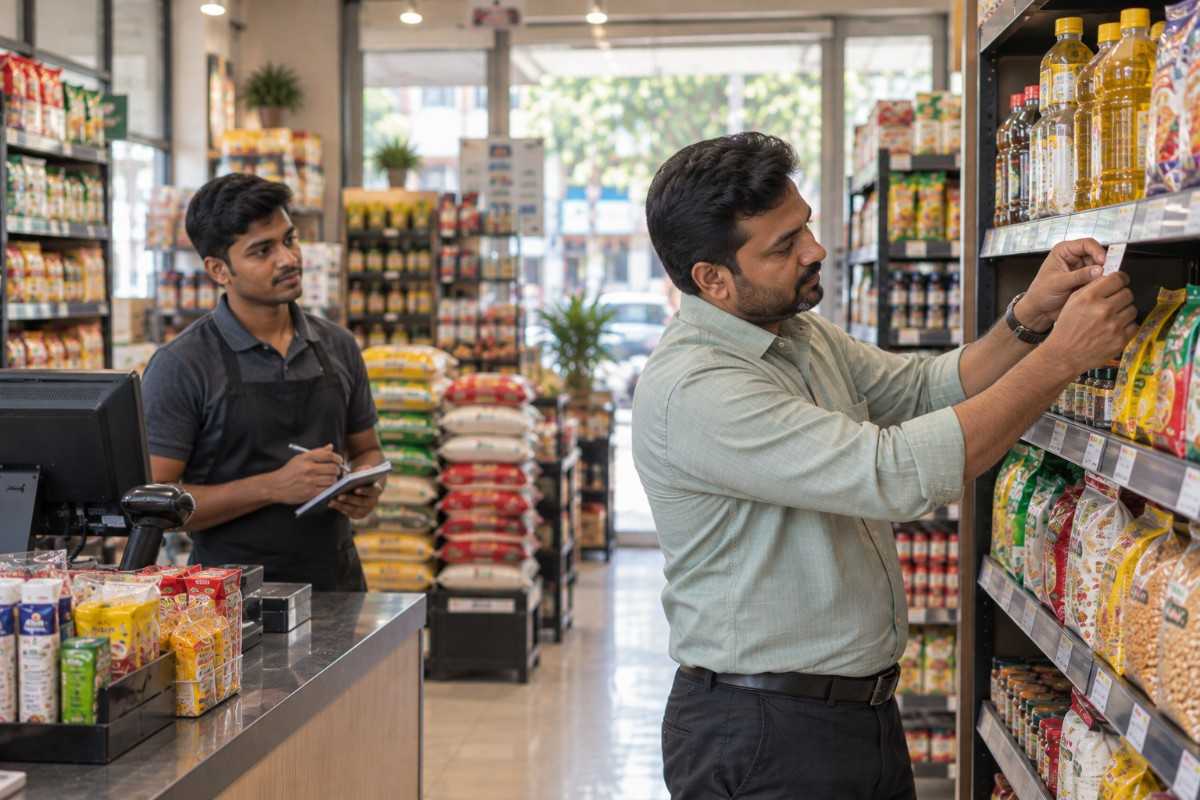 Indian supermarket employee checking inventory on a clipboard while a store manager arranges packaged grocery products on a shelf.