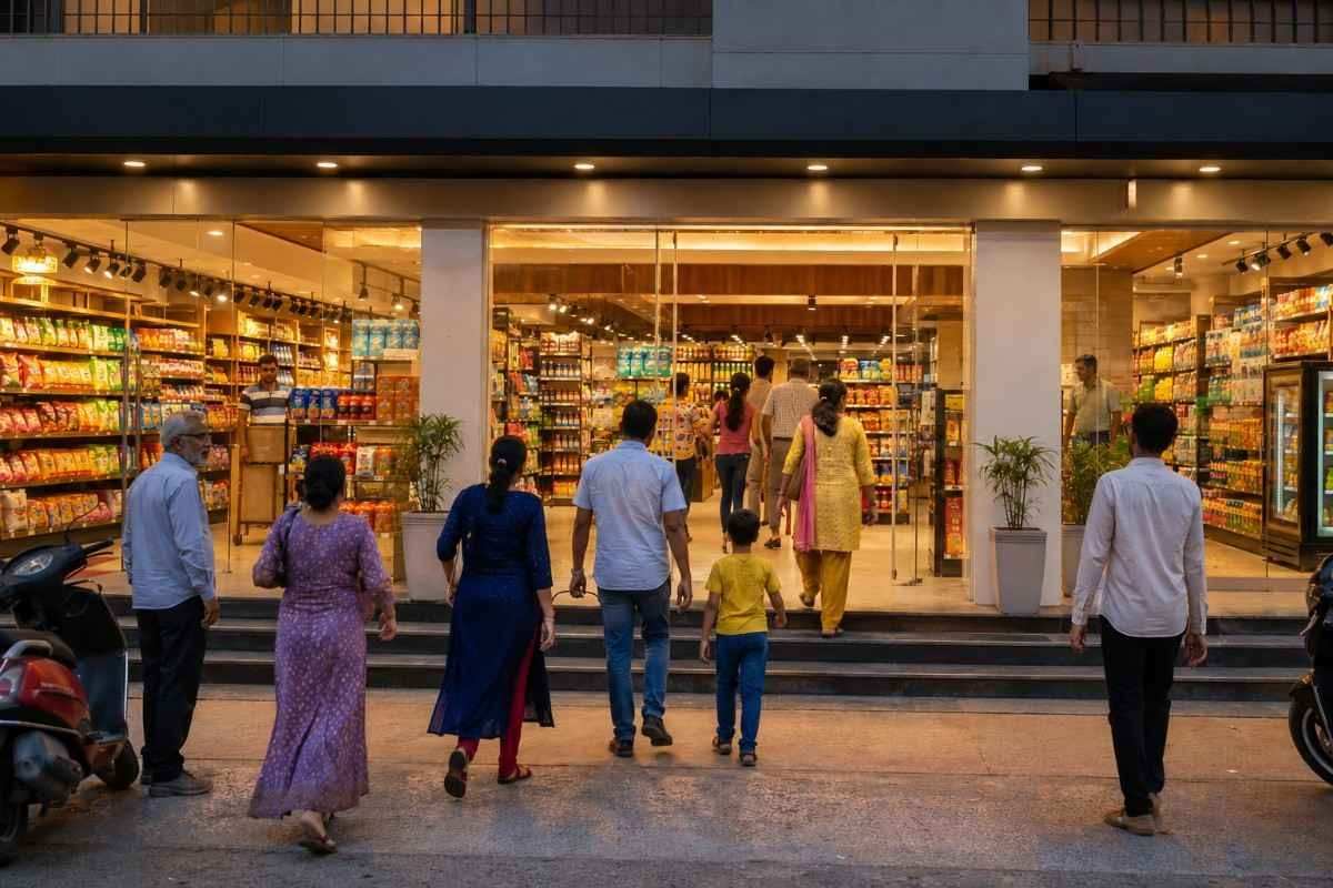 Modern neighborhood supermarket entrance with families and shoppers walking inside, showcasing a bright, well-stocked grocery store and an inviting retail shopping experience.