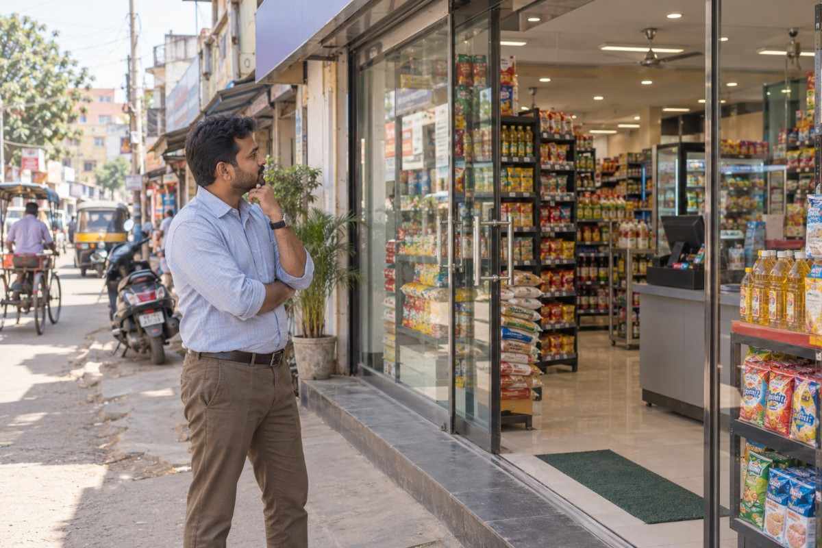 Indian man standing thoughtfully outside a modern mini supermarket on a small-town Indian street, with parked scooters and an auto-rickshaw nearby.