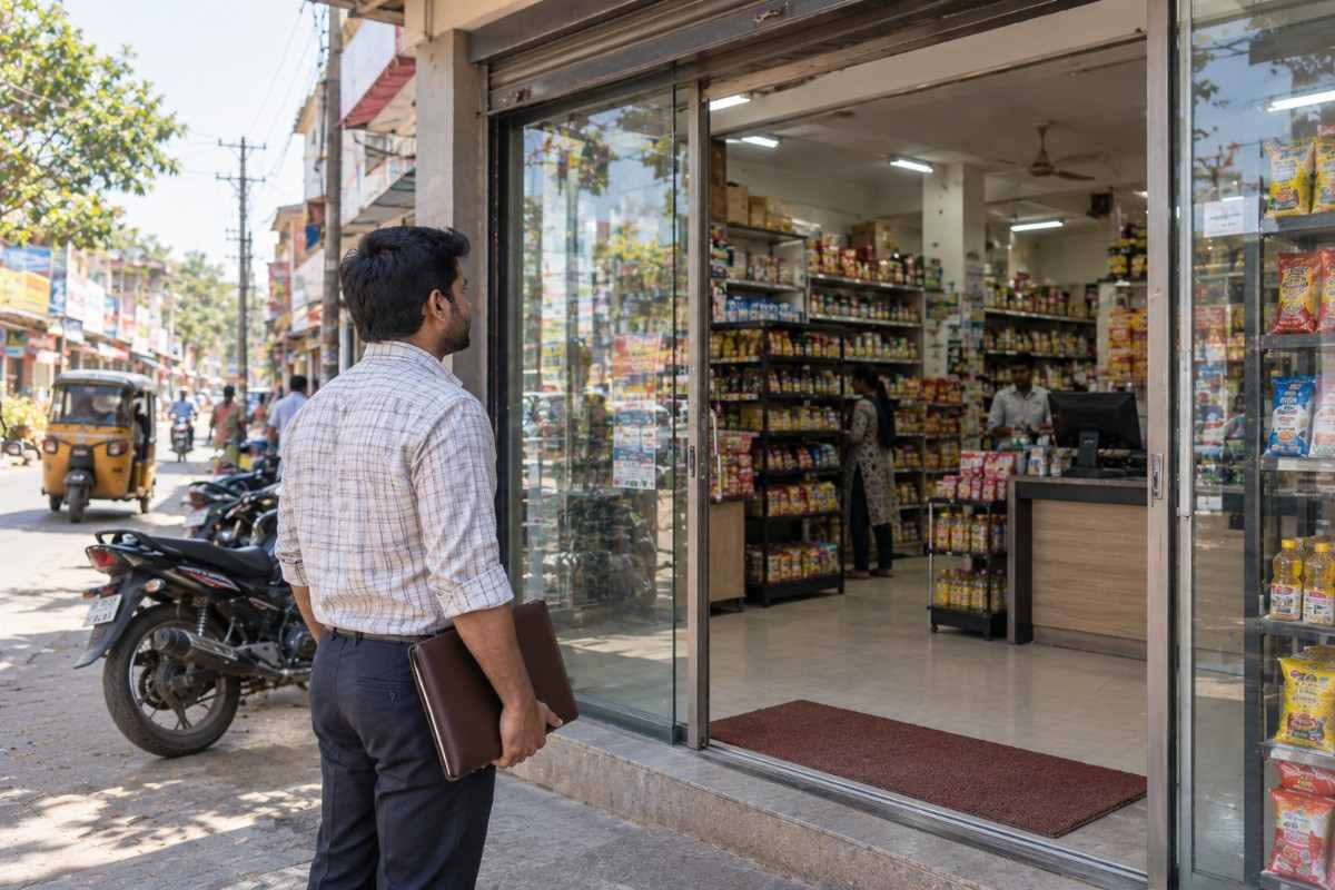 A man standing outside a modern grocery store, looking into the well-stocked supermarket interior with shelves of packaged food and a checkout counter visible inside.