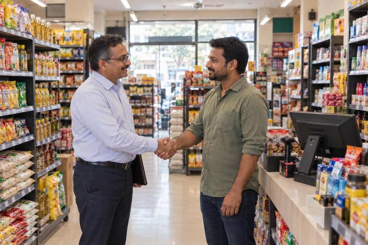 Two Indian men shaking hands near the billing counter inside a modern mini supermarket, surrounded by neatly stocked grocery shelves and everyday packaged goods.