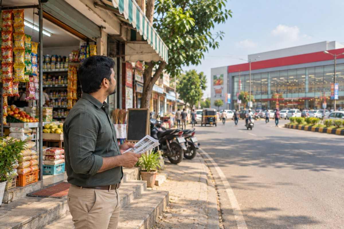 Indian retail store owner standing outside a neighborhood grocery shop, holding a brochure while viewing a large modern supermarket across the street.