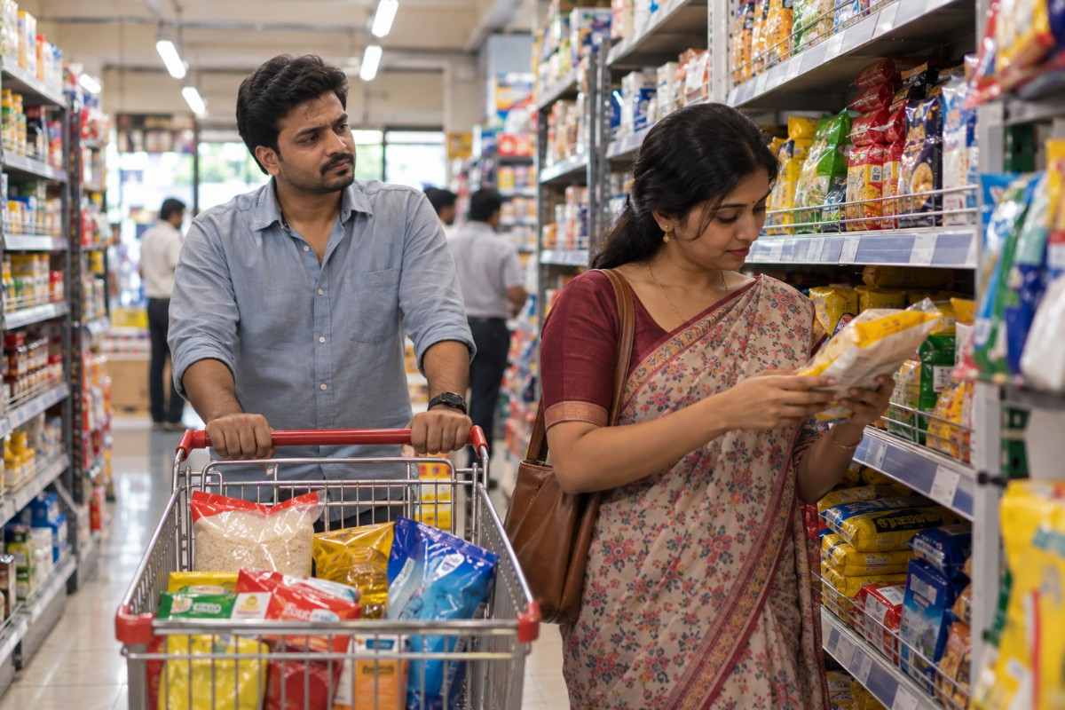 Indian couple shopping for groceries in a supermarket aisle, with the woman checking a packaged item and the man pushing a shopping cart.