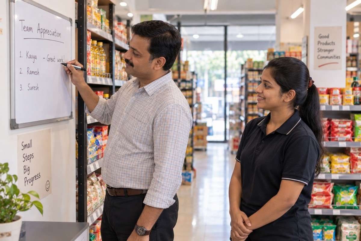 Grocery store manager writing team appreciation notes on a whiteboard while an employee stands nearby in a supermarket aisle.