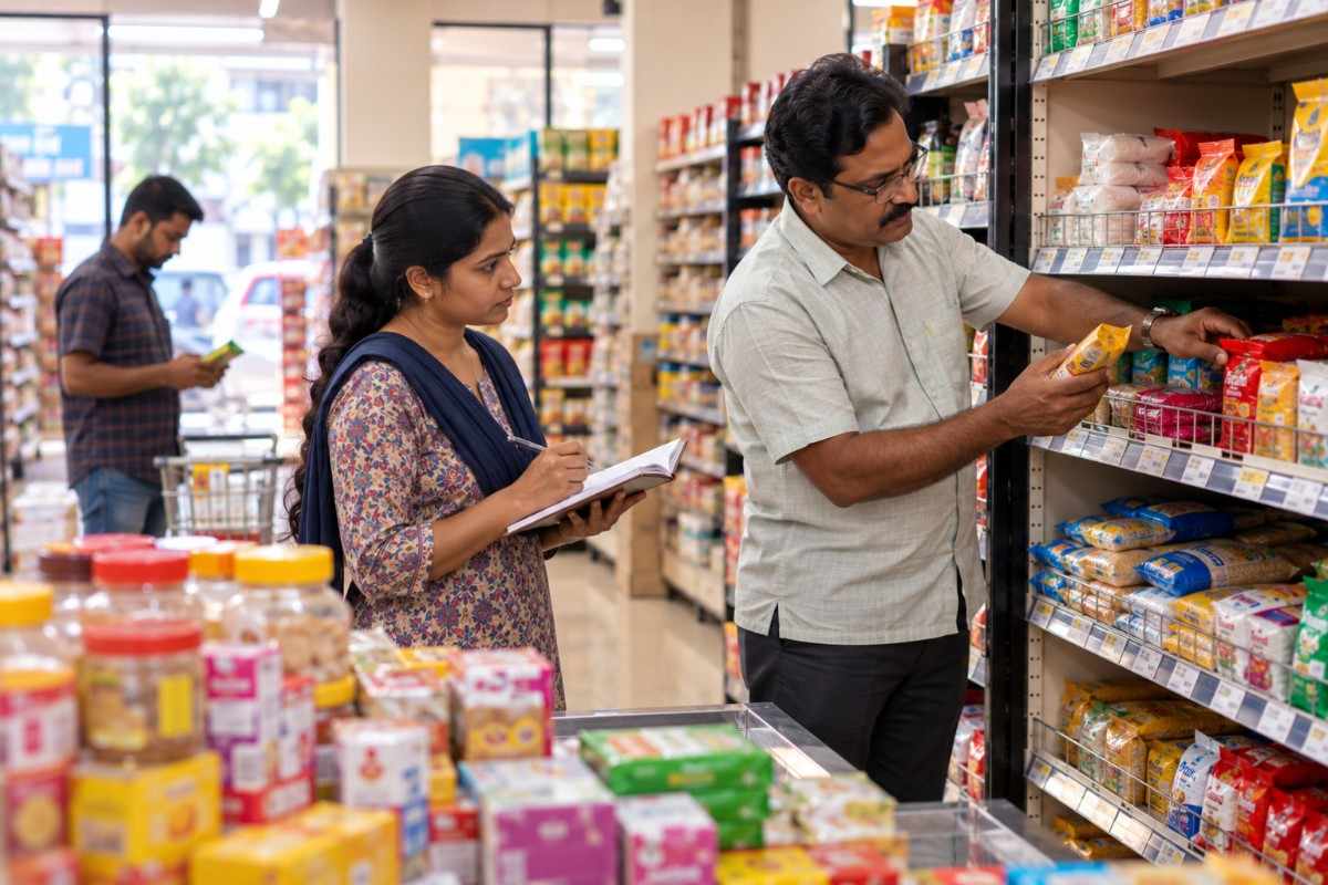 A supermarket staff member checks packaged grocery items on shelves while a colleague records stock details on a clipboard.