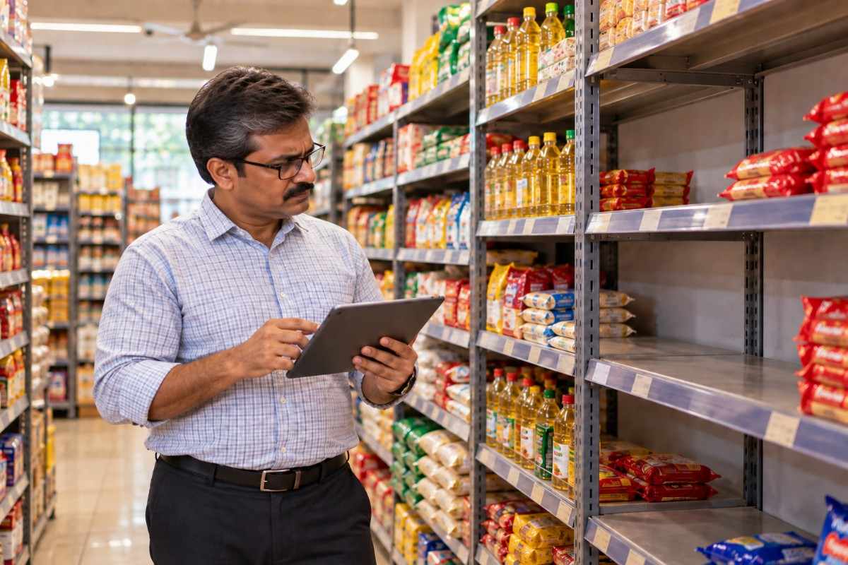 Indian supermarket owner reviewing inventory on a tablet while examining partially stocked grocery shelves.