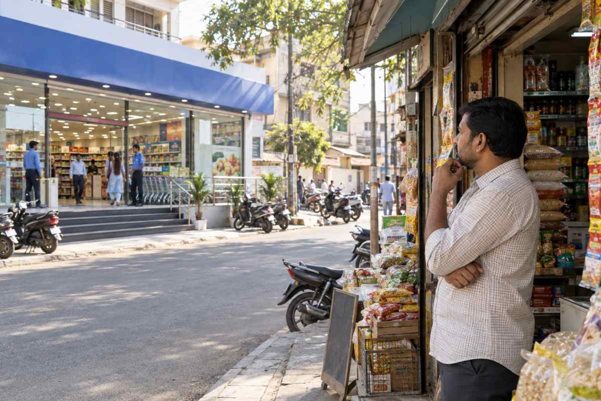 Indian grocery shop owner comparing a traditional kirana store with a modern supermarket across the street.