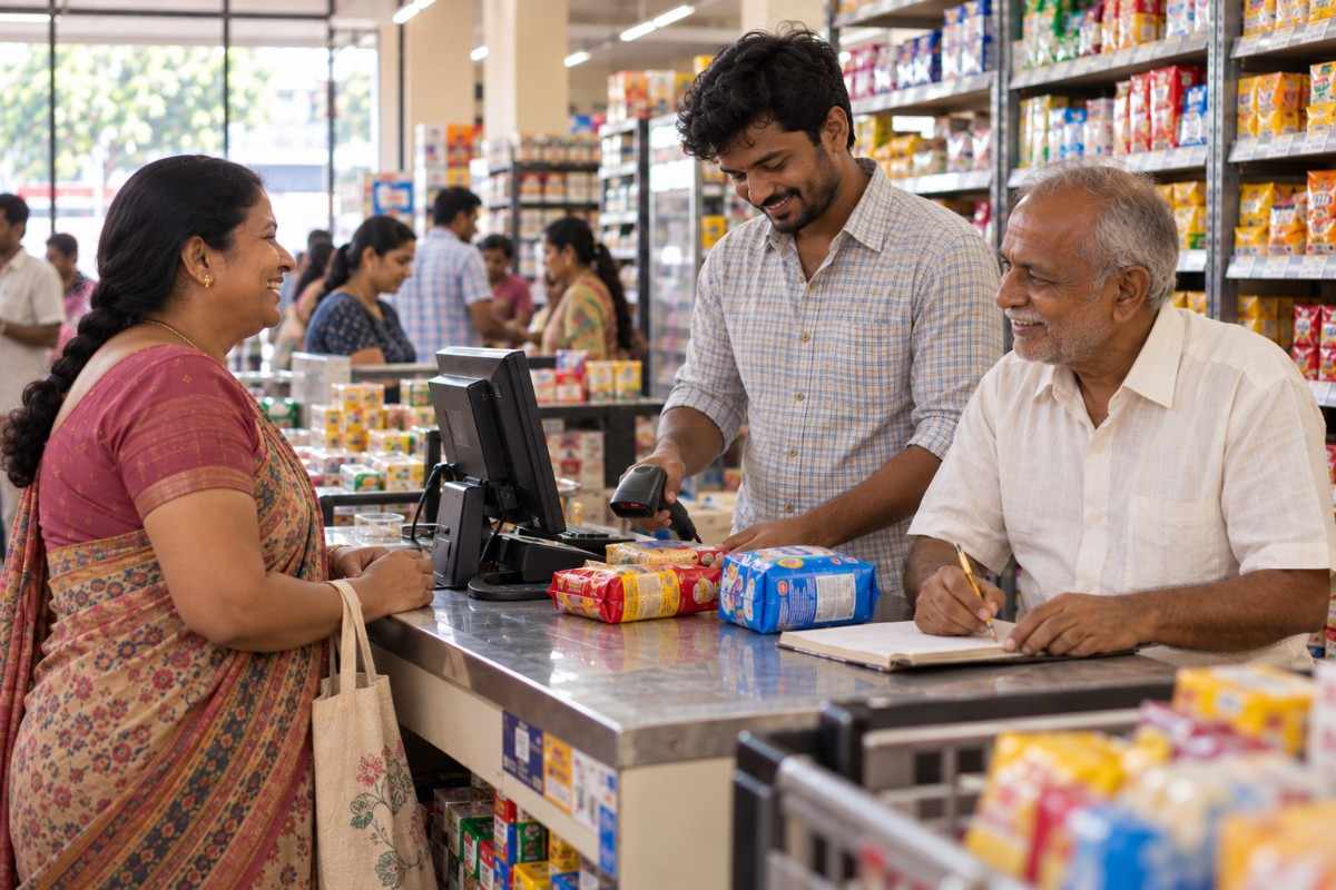 A grocery store cashier assists customers at checkout while an elderly store owner records sales in a notebook.