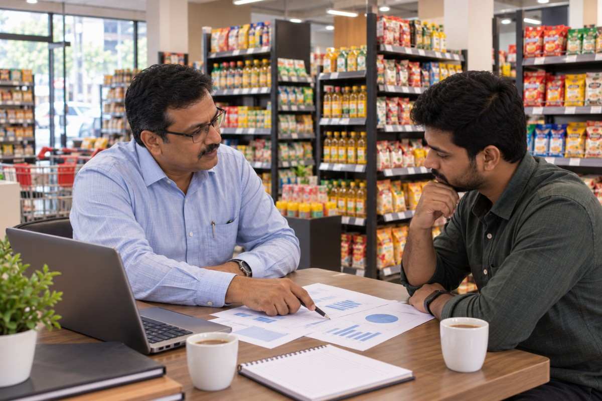 Two Indian grocery store professionals reviewing sales charts and business documents together at a table inside a supermarket.
