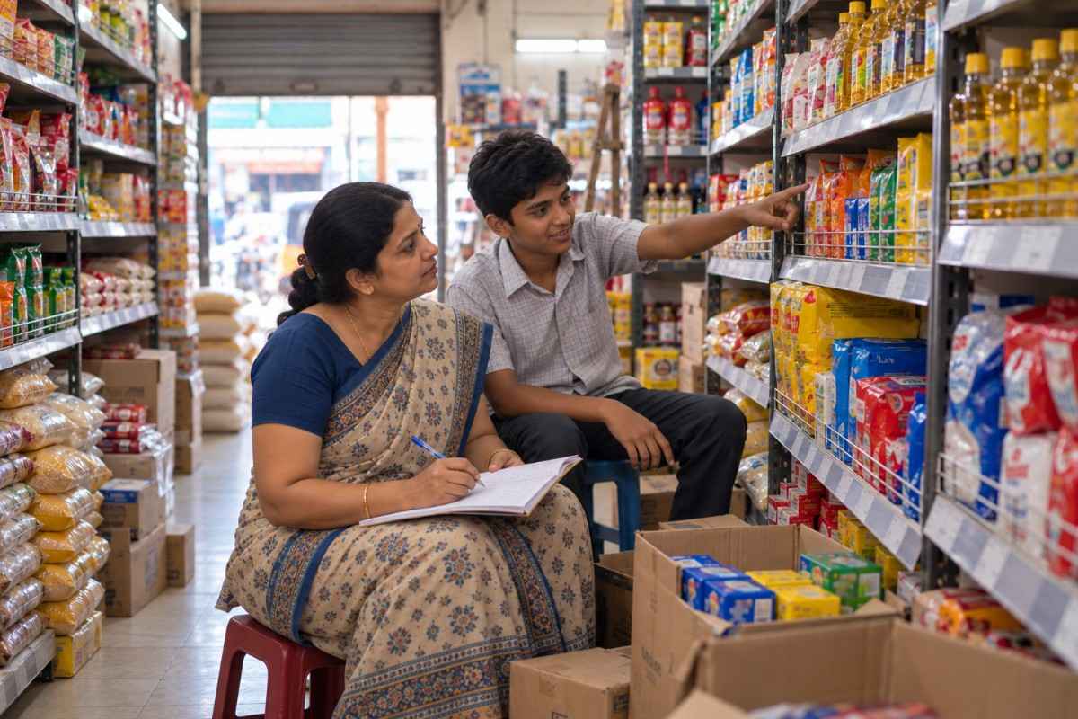 Small-town Indian grocery store owner checking shelf stock with a young assistant while reviewing inventory in a notebook.