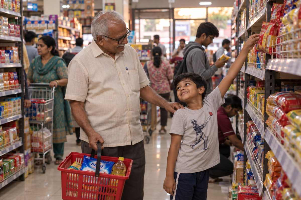 Grandfather and young boy shopping together in an Indian supermarket, selecting groceries from a shelf.