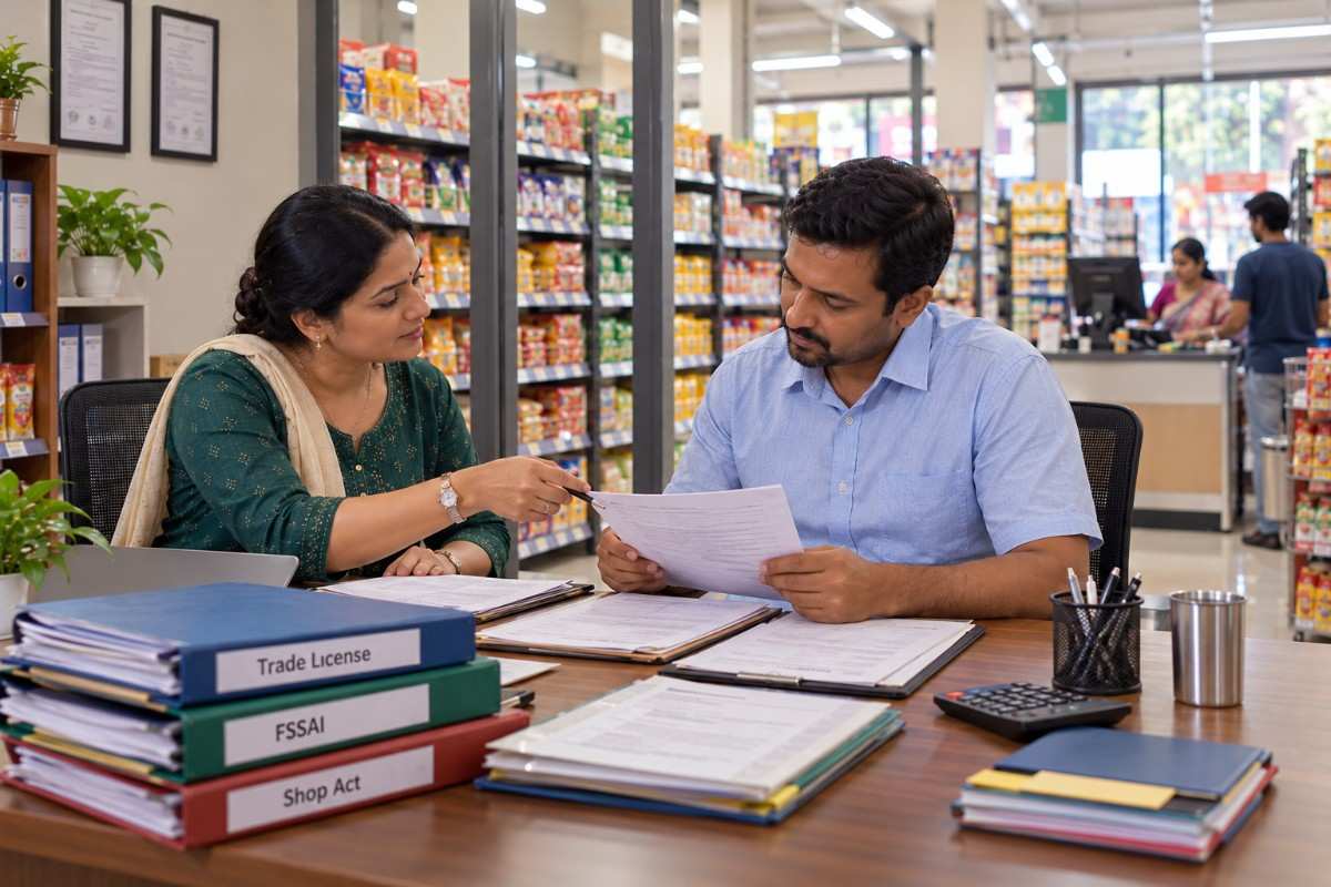 Supermarket owners reviewing trade licence, FSSAI registration, and Shop Act documents while discussing compliance requirements.