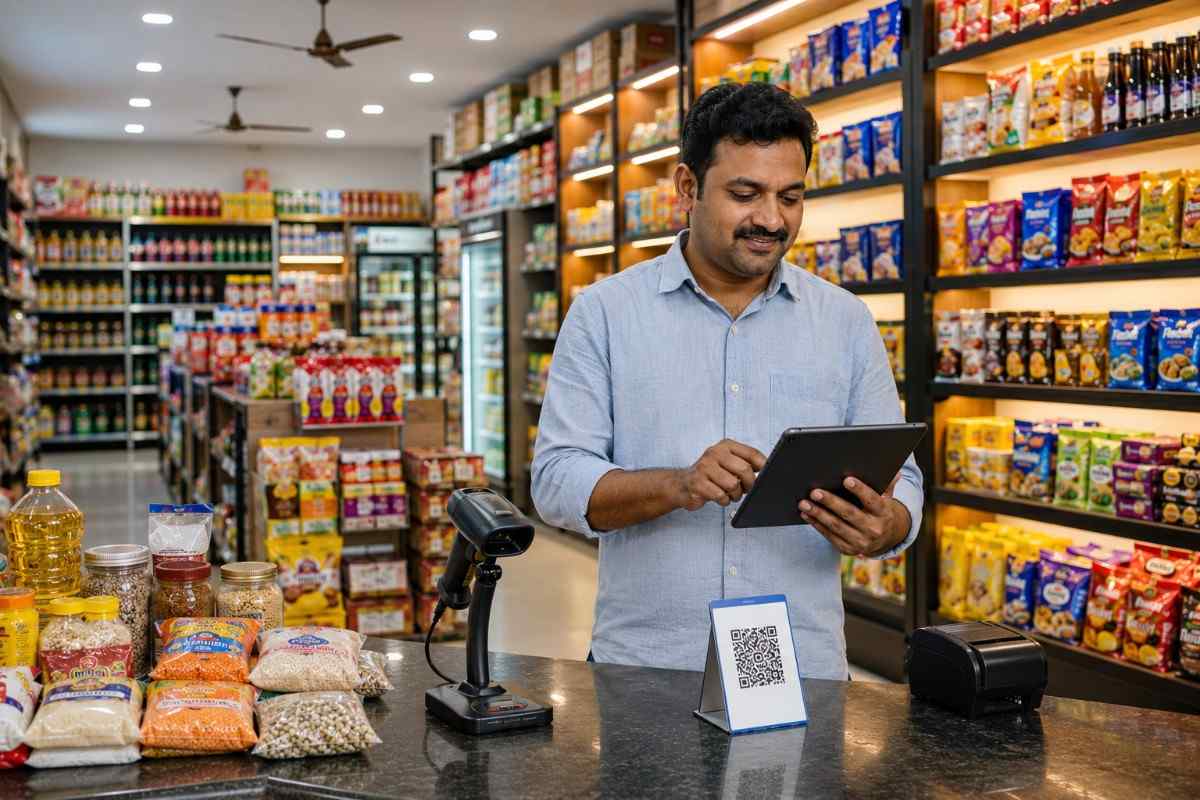 A grocery store owner uses a tablet to manage inventory and digital payments. Shelves are stocked with a variety of grocery products and essentials.