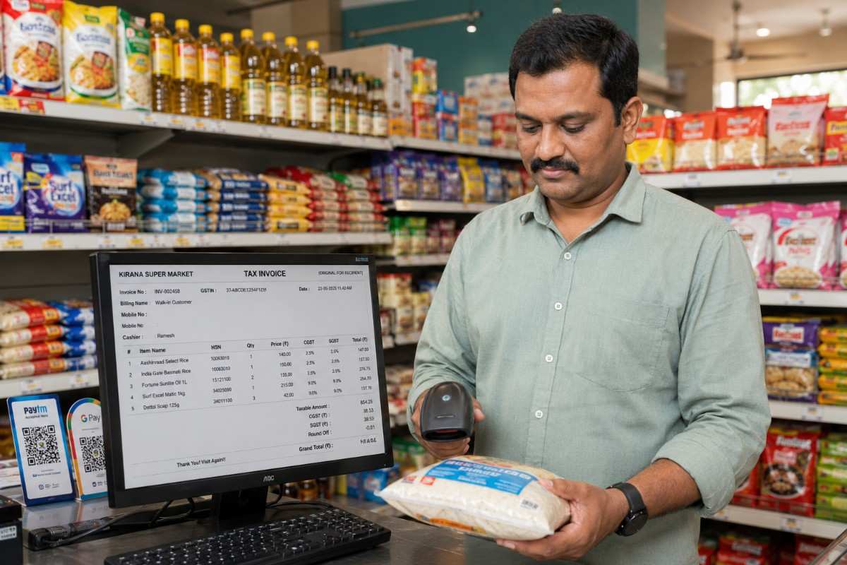 A grocery store owner scans a packaged food product at a POS counter while a tax invoice is displayed on the computer screen.