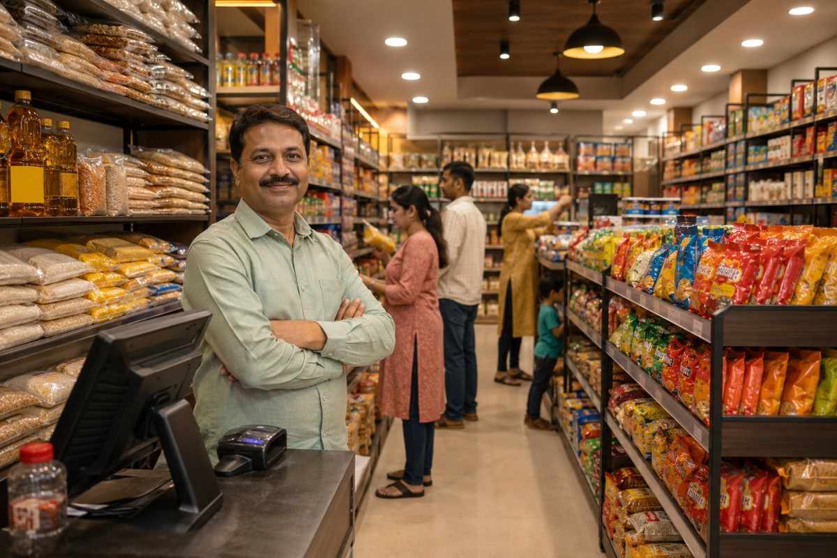 Indian kirana store owner standing at the billing counter in a well-stocked grocery store. Shelves display a variety of packaged groceries, grains, and household products with customers shopping in the background.