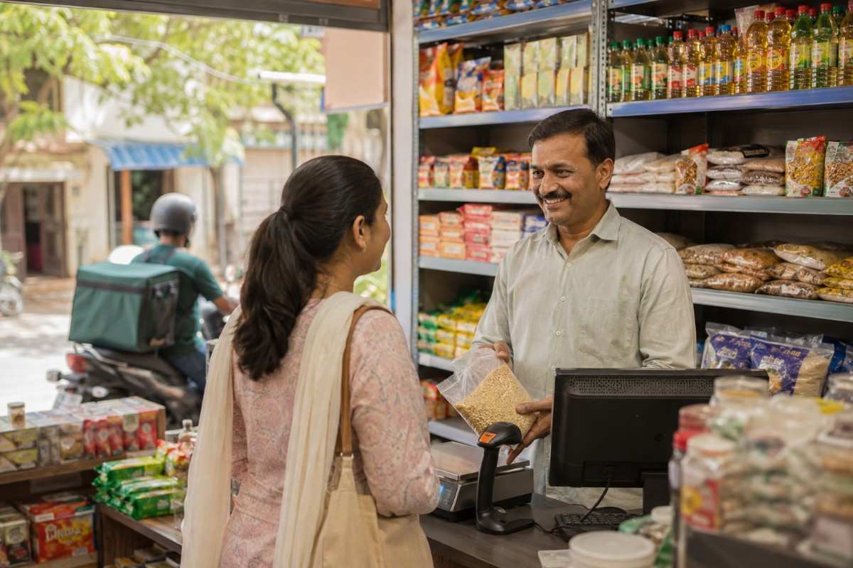 Indian kirana store owner serving a customer at the checkout counter with groceries on shelves.