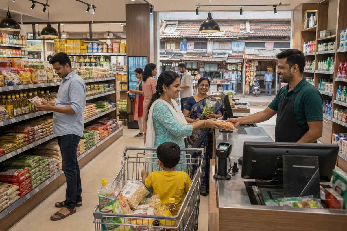 Indian family shopping at a modern supermarket checkout, with organized grocery shelves, a cashier, POS system, and a child in a shopping cart.