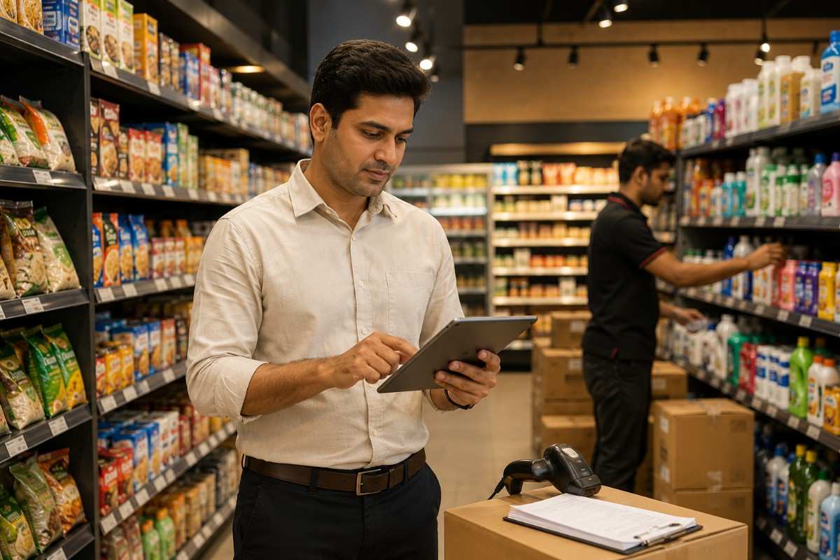A grocery store manager checking inventory using a tablet while walking through stocked aisles. A store employee organizes products on shelves in the background.