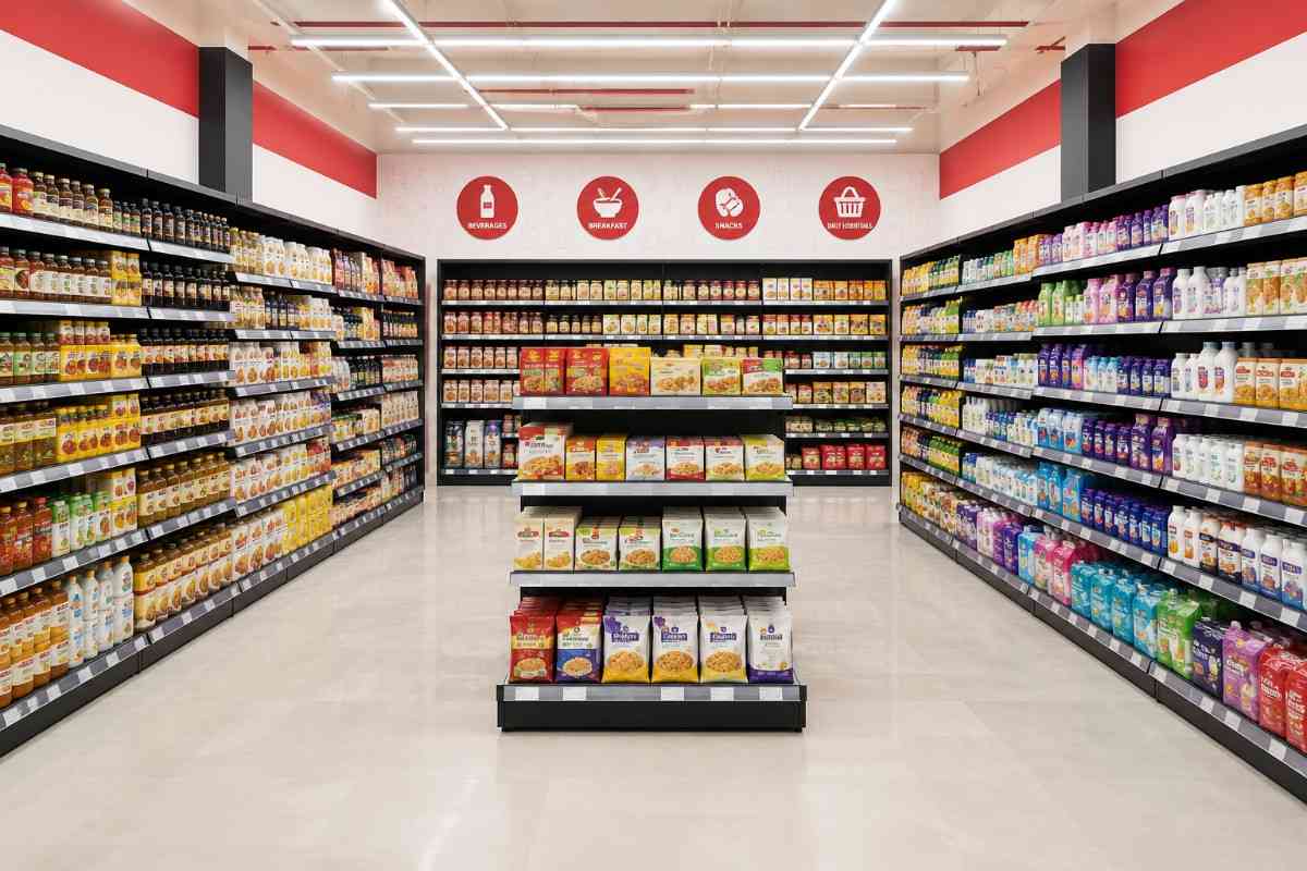Modern supermarket interior with neatly organized grocery shelves and bright, spacious aisles.
