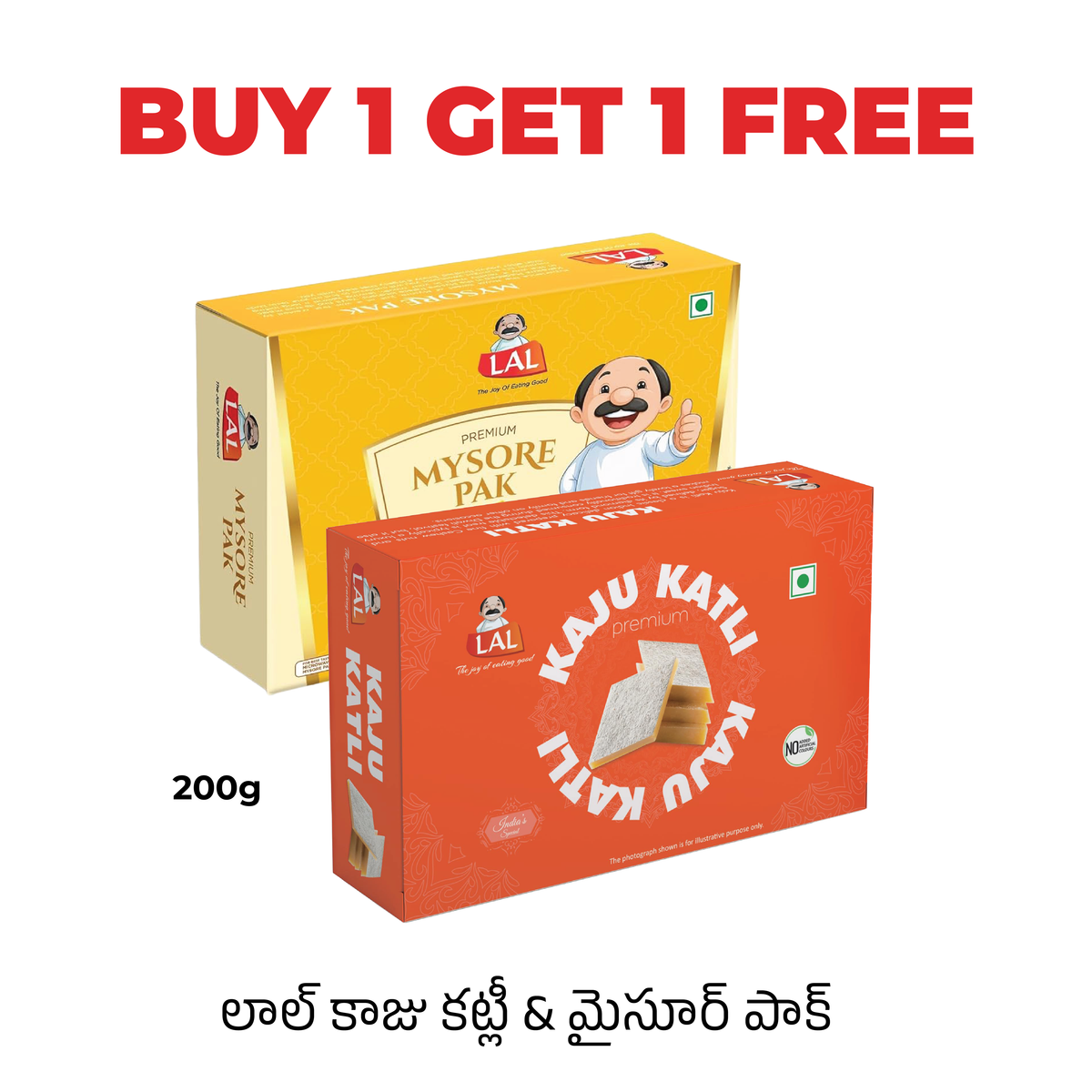Lal Kaju Katli and Mysore Pak 200g, buy 1 get 1 free
